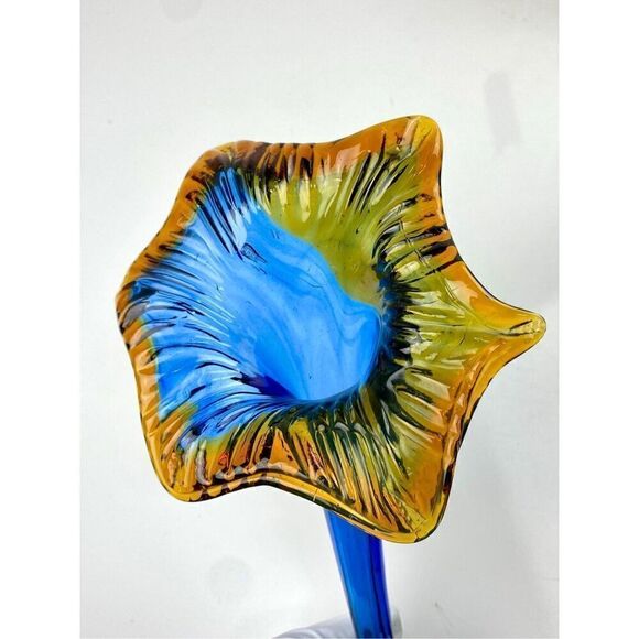 Hand Blown Art Glass Blossum Holder Cobalt Blue Orange Lay Down Flower Vase DW18 - Picture 3 of 7